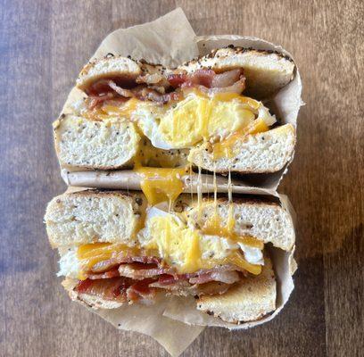 Egg, cheese, and bacon bagel