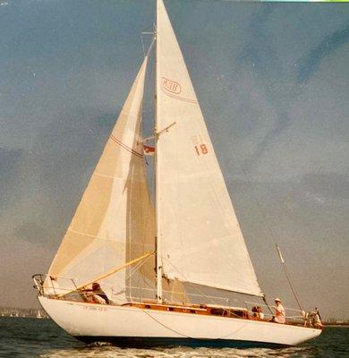 Kimberly sailing DYAD II, in the all girls race on San Diego Bay.