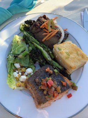 Little Gem Salad, Char Grilled Broccolini, Five Spice Beef Short Rib, Parmesan Crusted Potato Au Gratin, & Pan Seared Salmon.