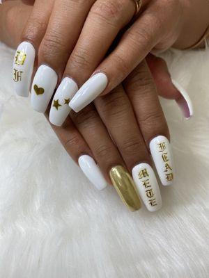 Custom white/gold nail design