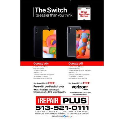 Get the Samsung A11 or A01 FREE*
switch to Verizon Prepaid @ iRepair PLUS
2260 Waycross Rd 45240
*$55 Unlimited plan + sim & act. fee