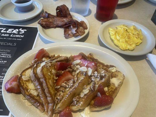 Strawberry Crunch -Butlers Specialty French Toast, Bacon and scrambled eggs