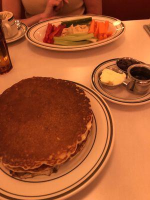 Delicious Blueberry Pancakes with a side of chocolate chips. Healthy options, too.