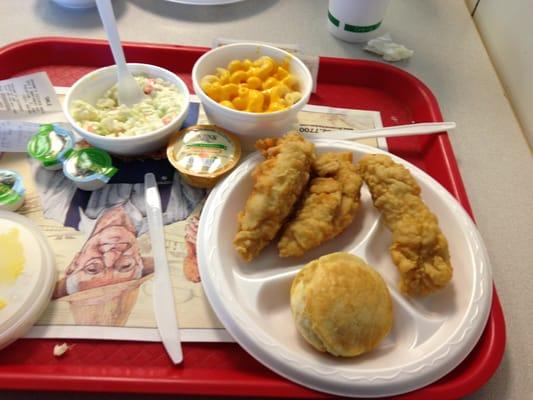 Chicken tenders, cole slaw, Mac & cheese and homemade biscuit!