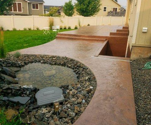 Water Feature, Steps and Stamped Walkway