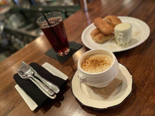 Cream of Crab Soup and Amish Soft Pretzels with beer-cheese fondue and iced tea