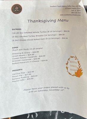 Thanksgiving Menu