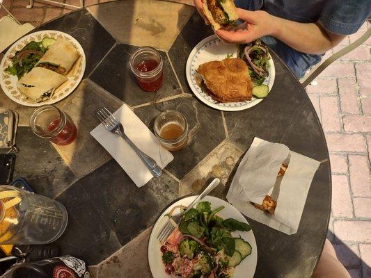 Salmon wrap, Korean burger, broccoli salad, kombucha, almond ring