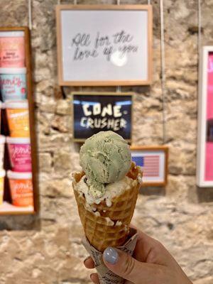 Pistachio Macaroon in a waffle cone