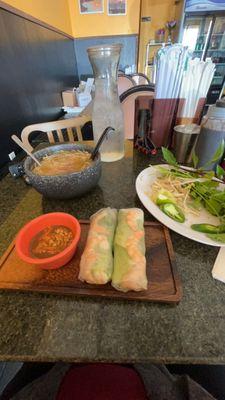 Beef Pho , shrimp spring rolls