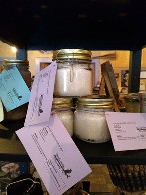 Locally handmade dead sea salt body scrubs.