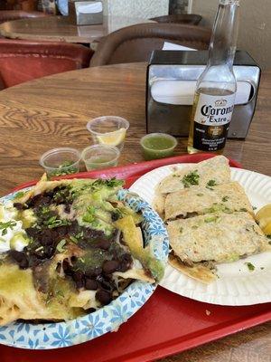 Nachos & a carne asada quesadilla.