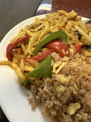 Curry Chicken, eggplant with garlic and empty plates of devoured food.