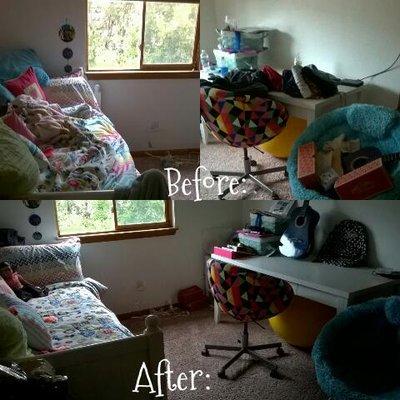 A before and after photo of a child's bedroom that we thoroughly cleaned.