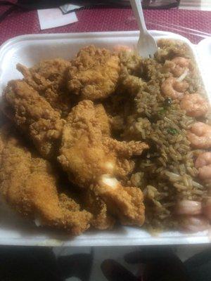 Catfish and chicken strips with shrimp fried rice