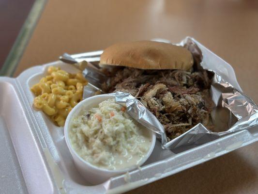 Pulled Pork Sandwich Platter with coleslaw and Mac and cheese