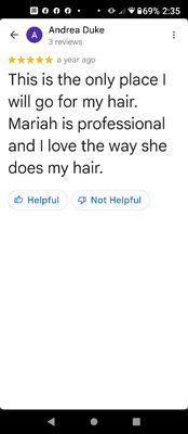 Google review of Mariah/Thee Southern Stylette Hair Studio LLC from when salon was located at Sola Salons.