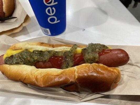 Costco Hot Dog with ketchup, mustard and relish