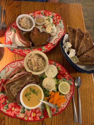 Pork cutlet, sausage, sour kraut, bread, soup, ham sandwich