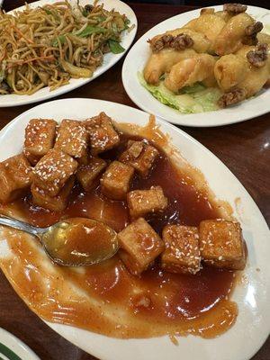 Sesame Tofu, Walnut Shrimp and Vegetable Lo Mein