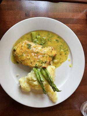 Chicken Francaise with Asparagus and Mashed Potatoes. Beautiful and delicious!