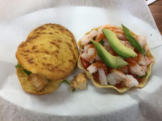 Chicken gordita and shrimp tostada