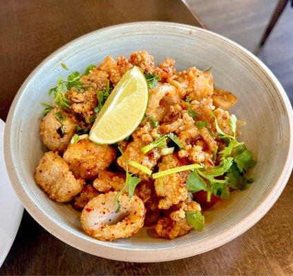 Crispy Calamari-So incredibly tender! Super mild spice, perfect starter for two.