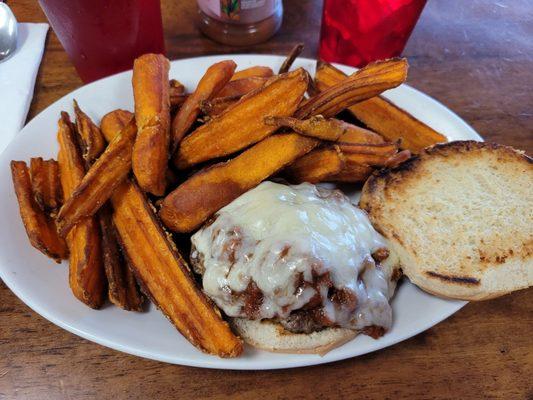 Pizza burger and sweet potato fries