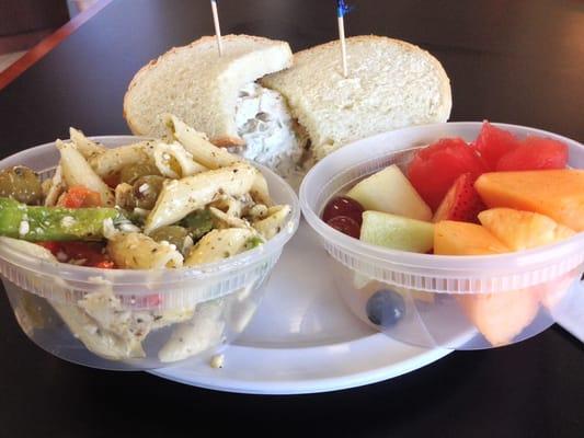 Chicken Salad Sandwich, Fruit Salad and Pasta Salad $11 ish