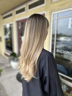 Easy grow out, Balayage, lived in color, blonde. Something like this is a touch up every 3-6 months.