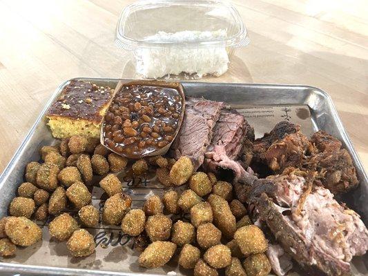 3 meat plate with okra, cornbread and beans!