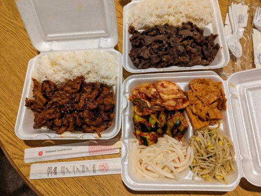 Pork and beef bulgogi and banchan. Takeout. Delicious.