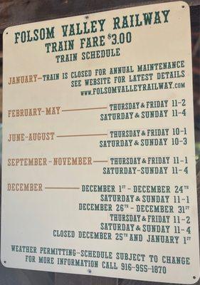 Train Schedule! A bargain to ride and only closed in January for annual maintenance!