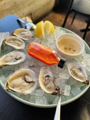 Oysters and the yummiest hot sauce!