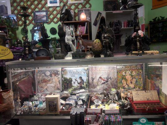 A few items here at Moonshadow: Crystals, Runes, Statuary, Calendars, Tarot and Rare out of Print Tarot, Candles and books