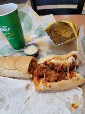 footlong meatball meal. original baked Lays chips diet Pepsi. toasted mozzarella cheese added parmesan myself.