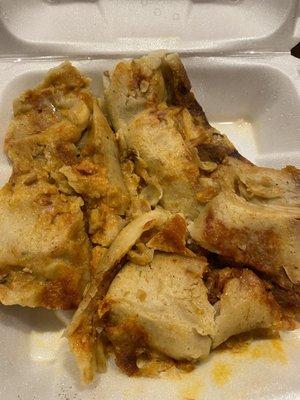 Three "tamales" that look like they were pulled out of the bin  and thrown in a to go container. You should be ashamed to serve this.