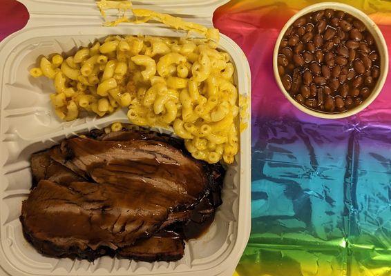 Brisket, Mac and Cheese, Baked Beans