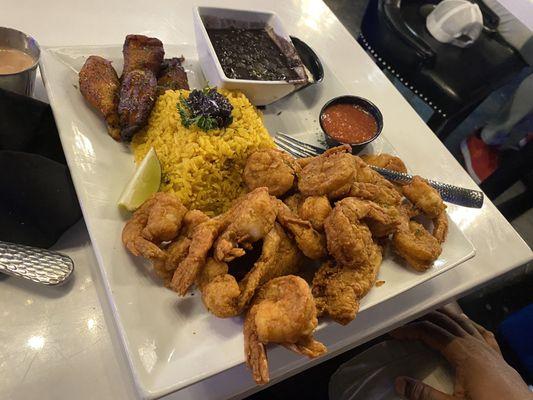 Fried Flounder and shrimp plate w/ yellow rice, sweet plantains and black beans