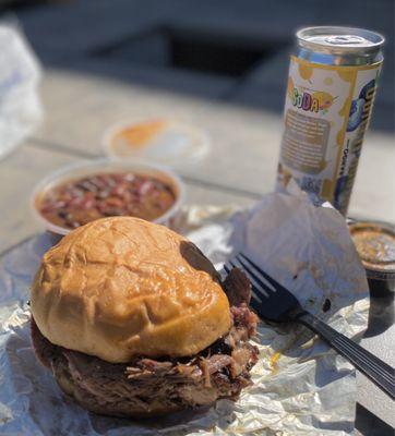 Brisket sandwich, smoked beans, and Bango Mango soda!