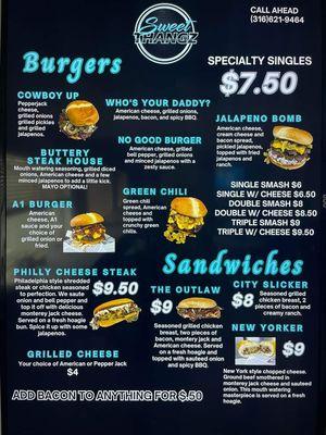 Burgers and Sandwich menu