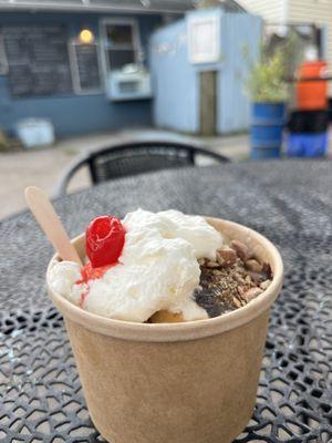 Teeny, tiny "2-scoop" sundae. Perspective: the eco-friendly spoon( thank you) is about half the size of a traditional popsicle stick.