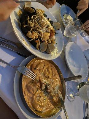 Lobster ravioli and seafood pasta