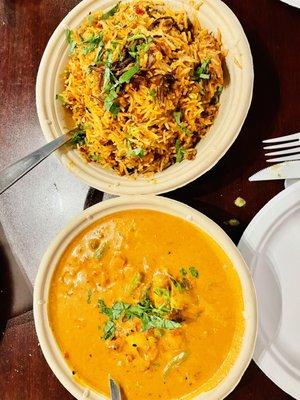 Saffron Briyani with chicken.  Coconut Curry with vegetables.