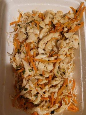 Grilled chicken and carrots(with noodles underneath) for chicken wraps