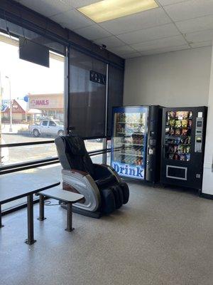 Massage chair, drinks, snacks