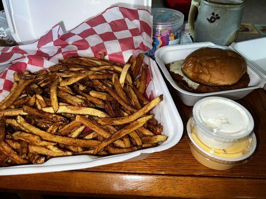 Buffalo Chicken sandwich, fries, ranch, cheese sauce