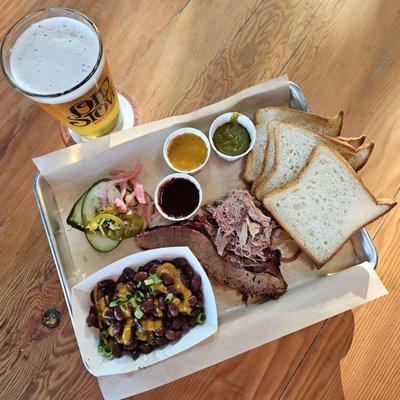 BBQ platter with brisket, pulled pork, and smoky beans!