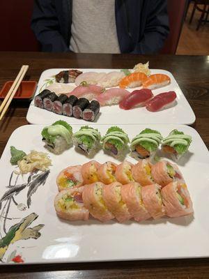 Pink Apple Roll, House Wasabi Roll, and Sushi Deluxe Dinner