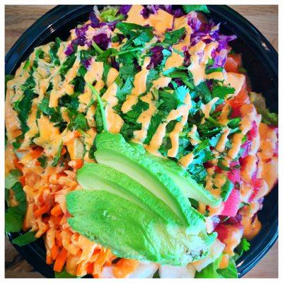 Poki Bowl- half brown rice/half greens, salmon, tuna, jicama, cucumber, carrots, cabbage, cilantro, spicy mayo, spicy soy, and avocado